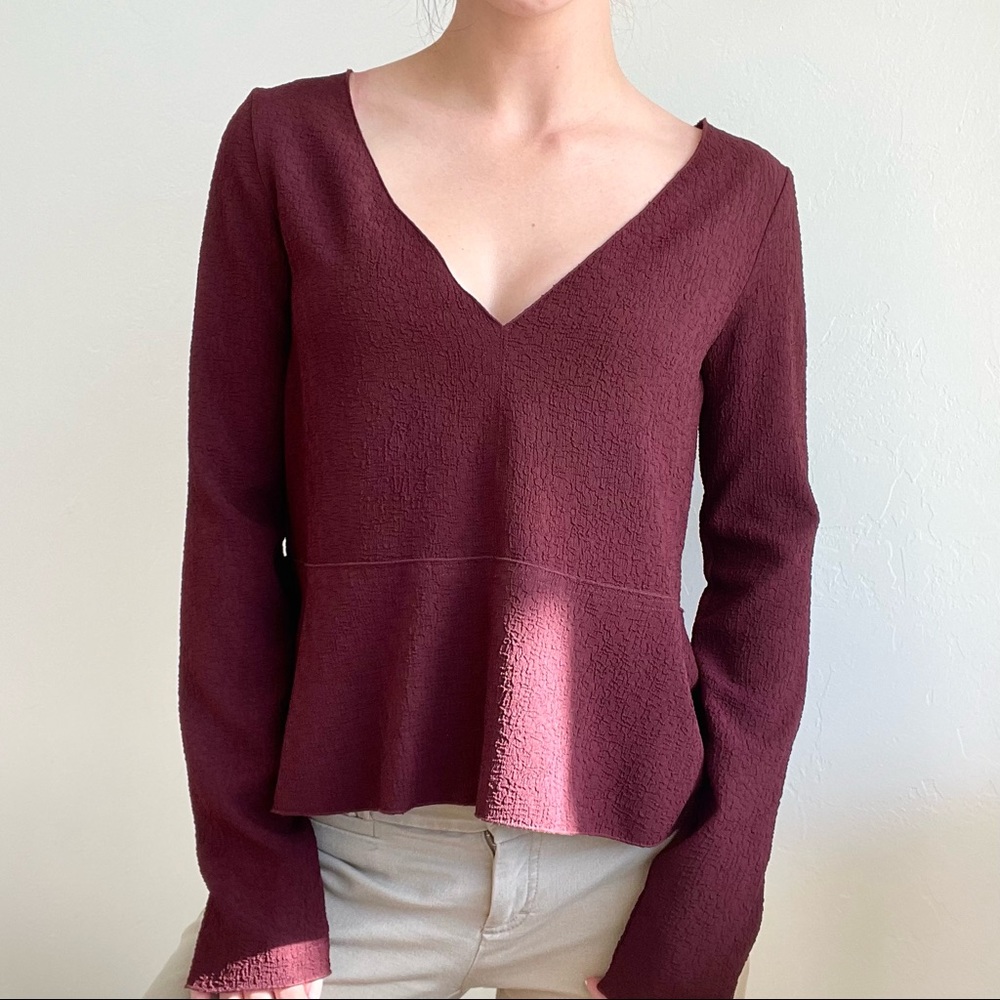 See By Chloe Burgundy Jacquard Textured Peplum Long Sleeve Crinkle Blouse Top 36